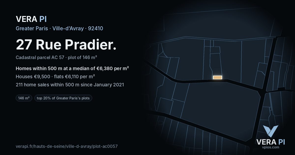 27 Rue Pradier, Ville-d'Avray at night – the plot lit, the parcels around coloured by the prices near them