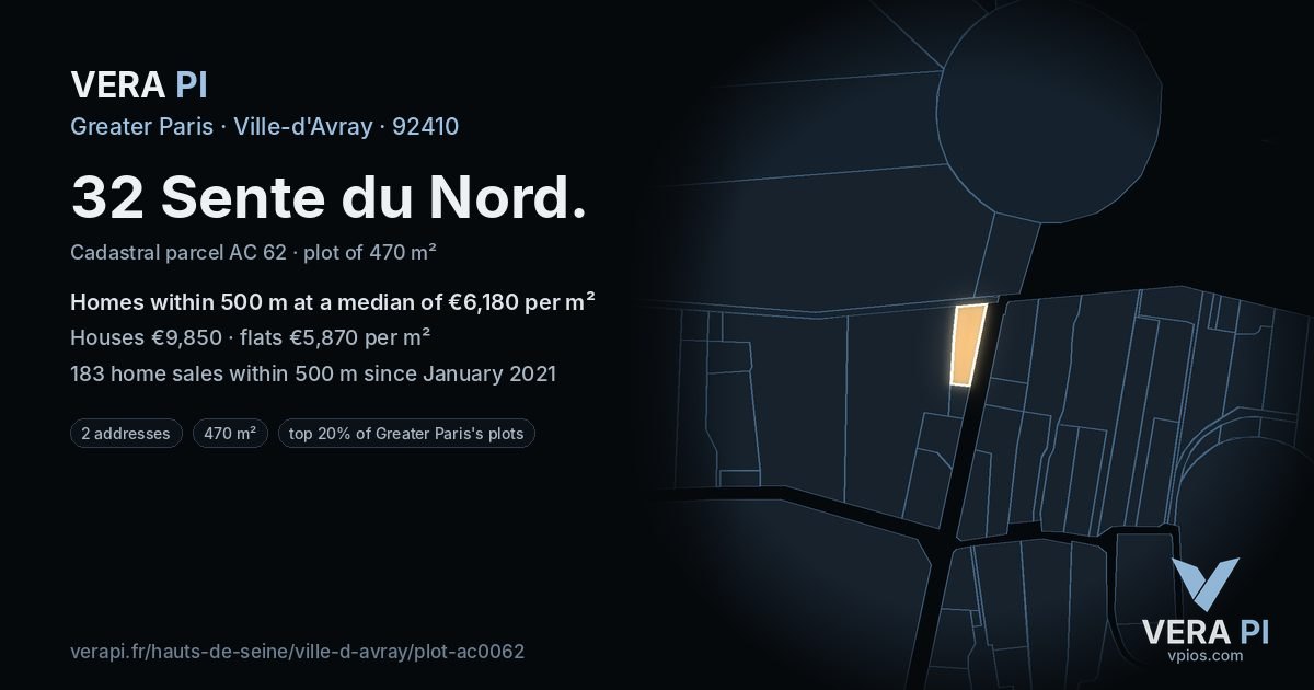 32 Sente du Nord, Ville-d'Avray at night – the plot lit, the parcels around coloured by the prices near them