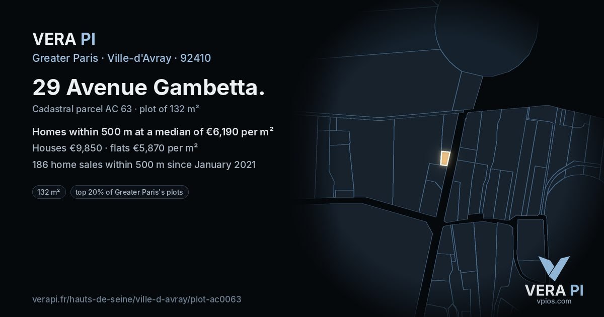 29 Avenue Gambetta, Ville-d'Avray at night – the plot lit, the parcels around coloured by the prices near them