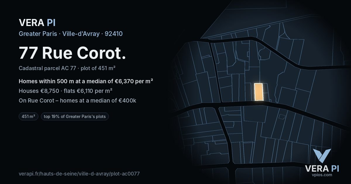 77 Rue Corot, Ville-d'Avray at night – the plot lit, the parcels around coloured by the prices near them
