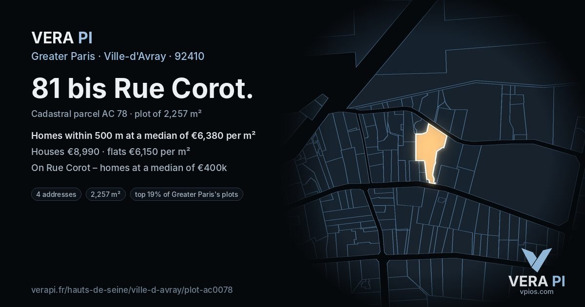 81 bis Rue Corot, Ville-d'Avray at night – the plot lit, the parcels around coloured by the prices near them