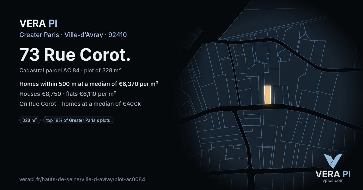 73 Rue Corot, Ville-d'Avray at night – the plot lit, the parcels around coloured by the prices near them