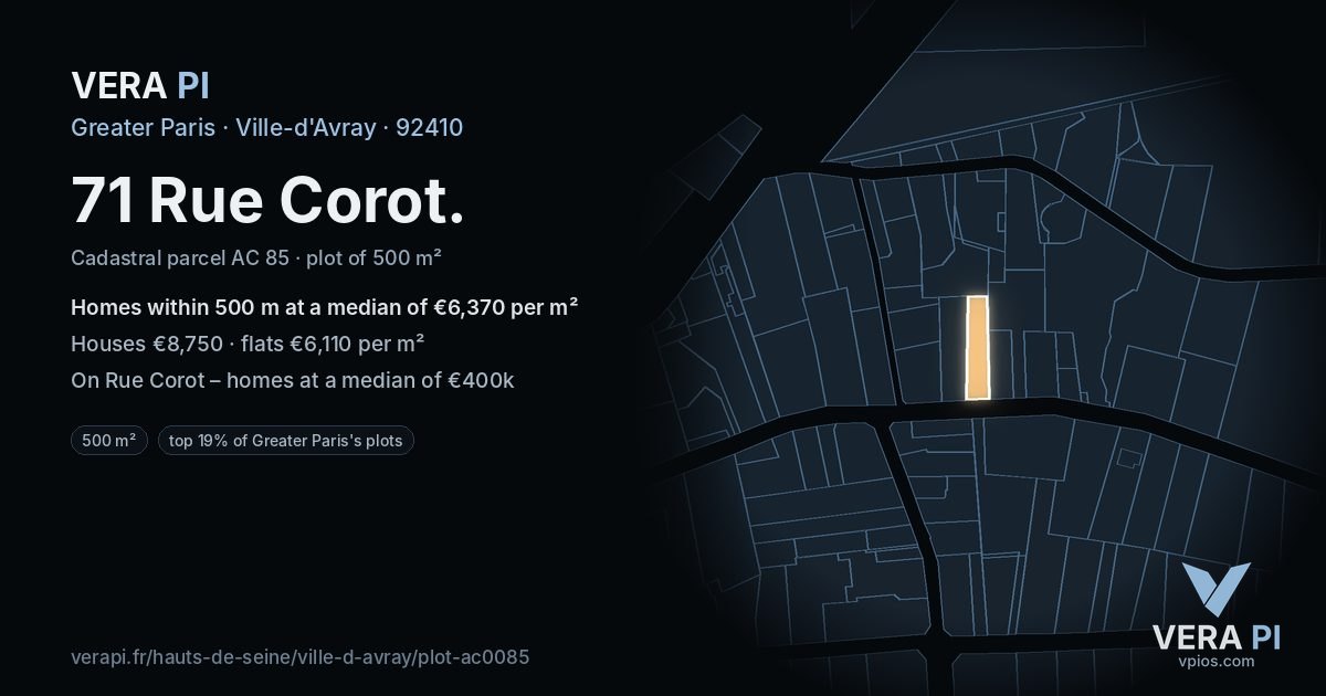 71 Rue Corot, Ville-d'Avray at night – the plot lit, the parcels around coloured by the prices near them
