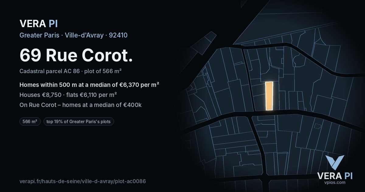 69 Rue Corot, Ville-d'Avray at night – the plot lit, the parcels around coloured by the prices near them