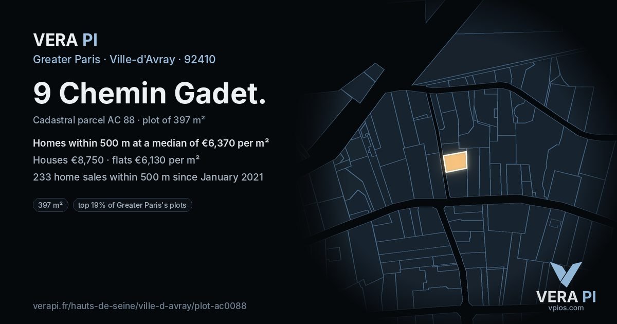 9 Chemin Gadet, Ville-d'Avray at night – the plot lit, the parcels around coloured by the prices near them