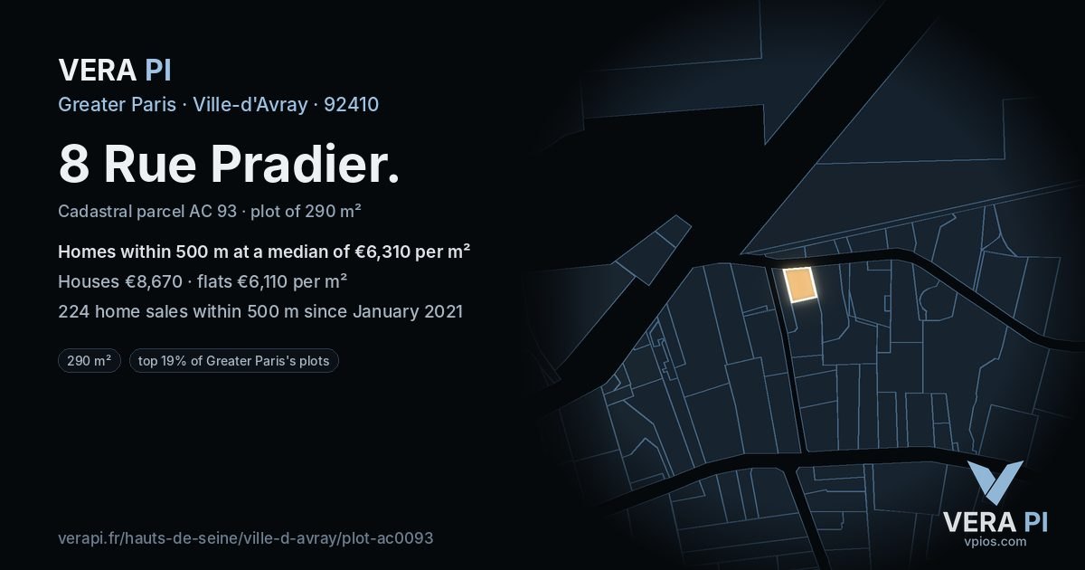 8 Rue Pradier, Ville-d'Avray at night – the plot lit, the parcels around coloured by the prices near them