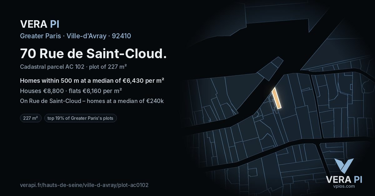 70 Rue de Saint-Cloud, Ville-d'Avray at night – the plot lit, the parcels around coloured by the prices near them