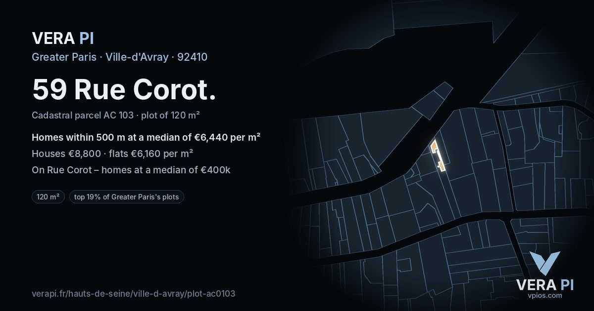 59 Rue Corot, Ville-d'Avray at night – the plot lit, the parcels around coloured by the prices near them