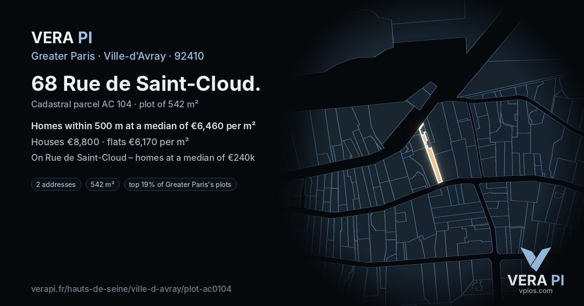 68 Rue de Saint-Cloud, Ville-d'Avray at night – the plot lit, the parcels around coloured by the prices near them