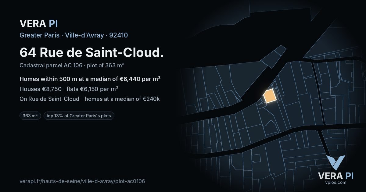 64 Rue de Saint-Cloud, Ville-d'Avray at night – the plot lit, the parcels around coloured by the prices near them