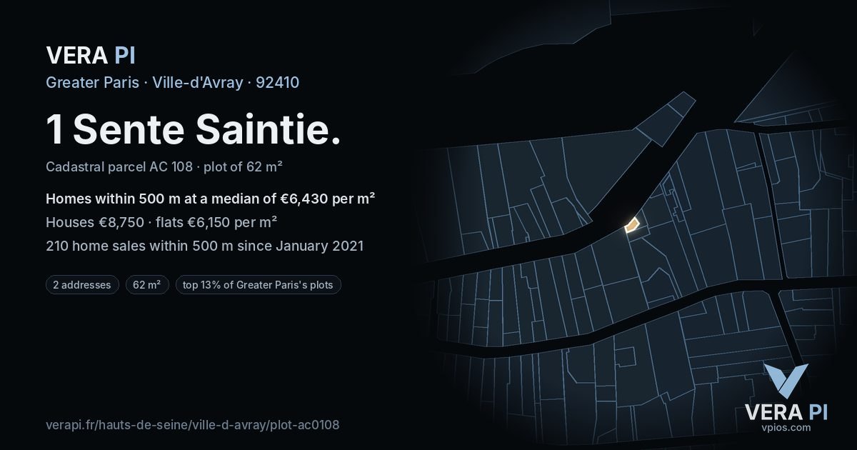1 Sente Saintie, Ville-d'Avray at night – the plot lit, the parcels around coloured by the prices near them