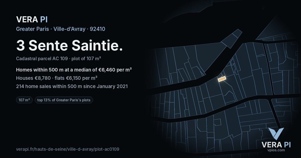 3 Sente Saintie, Ville-d'Avray at night – the plot lit, the parcels around coloured by the prices near them