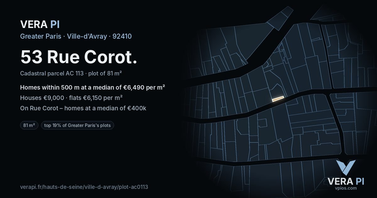 53 Rue Corot, Ville-d'Avray at night – the plot lit, the parcels around coloured by the prices near them