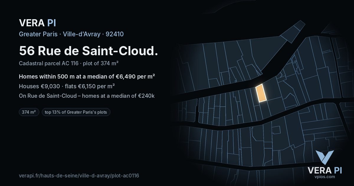56 Rue de Saint-Cloud, Ville-d'Avray at night – the plot lit, the parcels around coloured by the prices near them