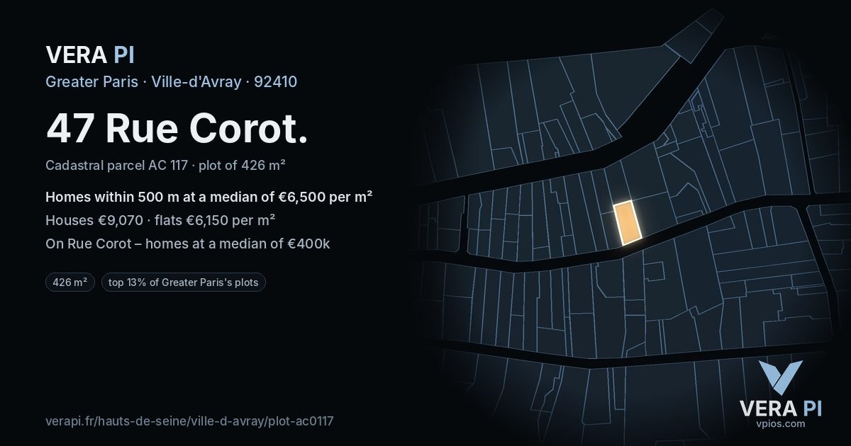 47 Rue Corot, Ville-d'Avray at night – the plot lit, the parcels around coloured by the prices near them