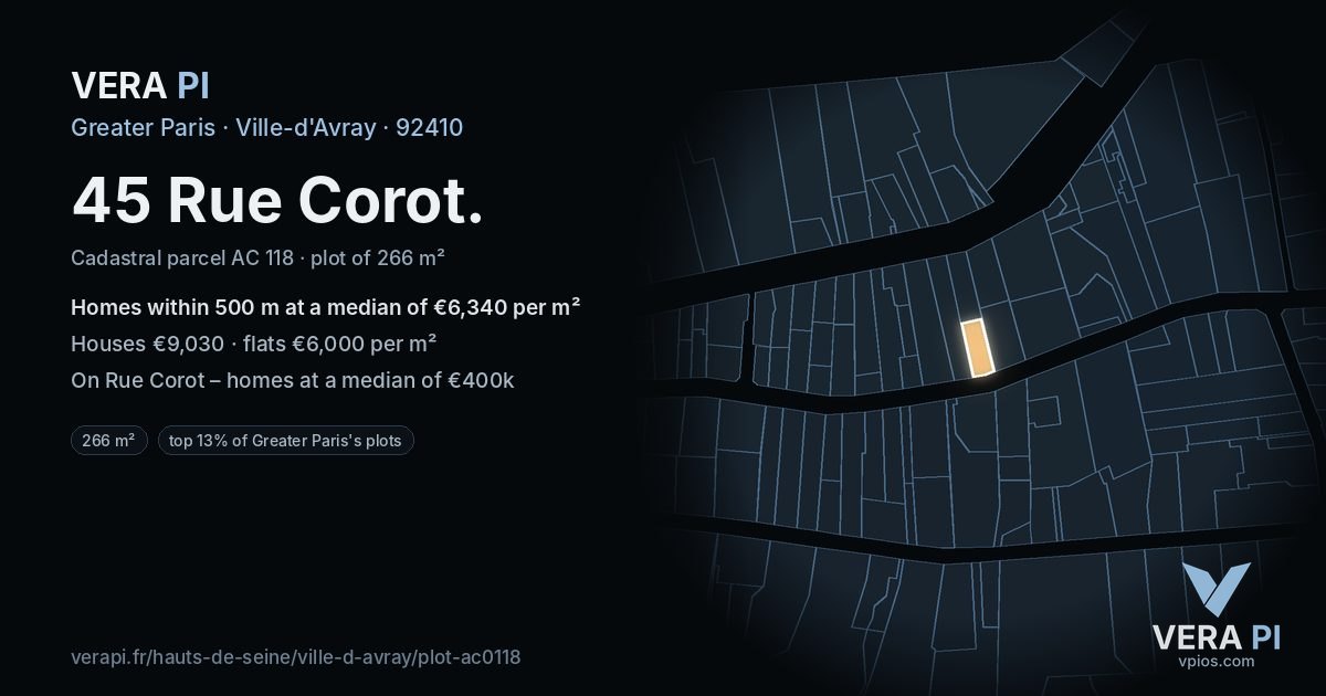 45 Rue Corot, Ville-d'Avray at night – the plot lit, the parcels around coloured by the prices near them