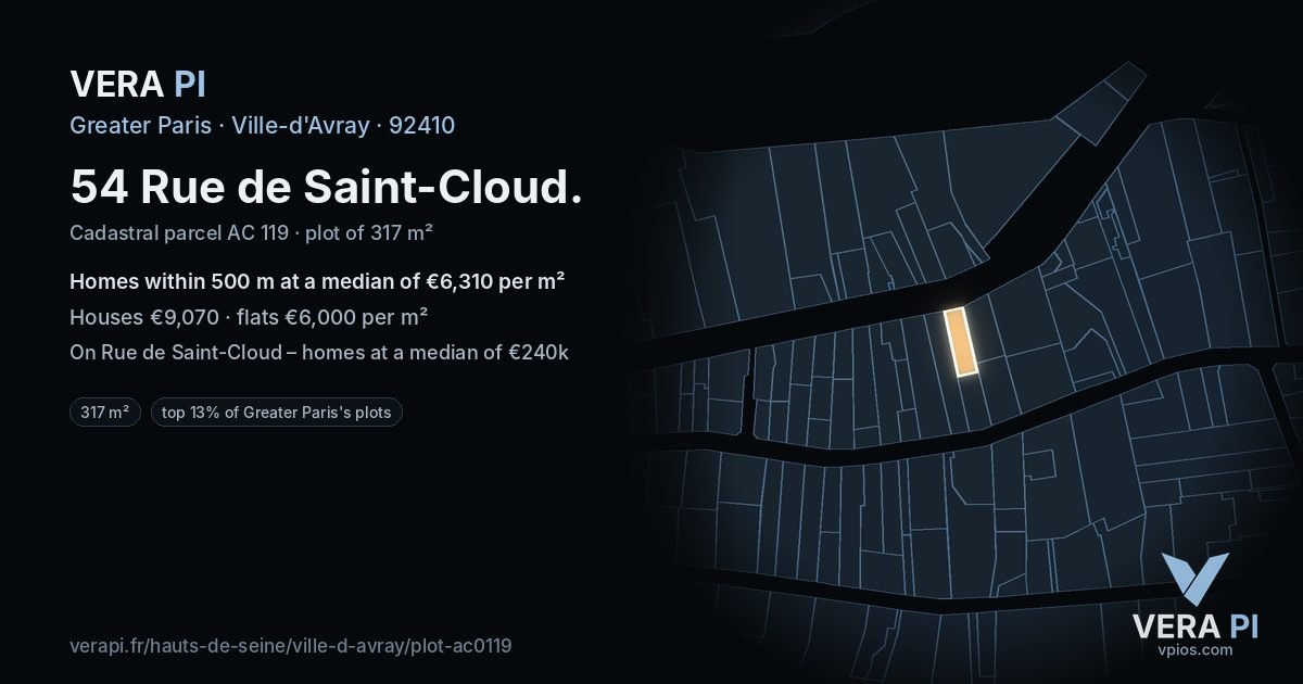 54 Rue de Saint-Cloud, Ville-d'Avray at night – the plot lit, the parcels around coloured by the prices near them