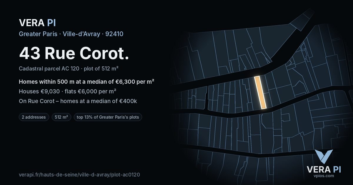 43 Rue Corot, Ville-d'Avray at night – the plot lit, the parcels around coloured by the prices near them