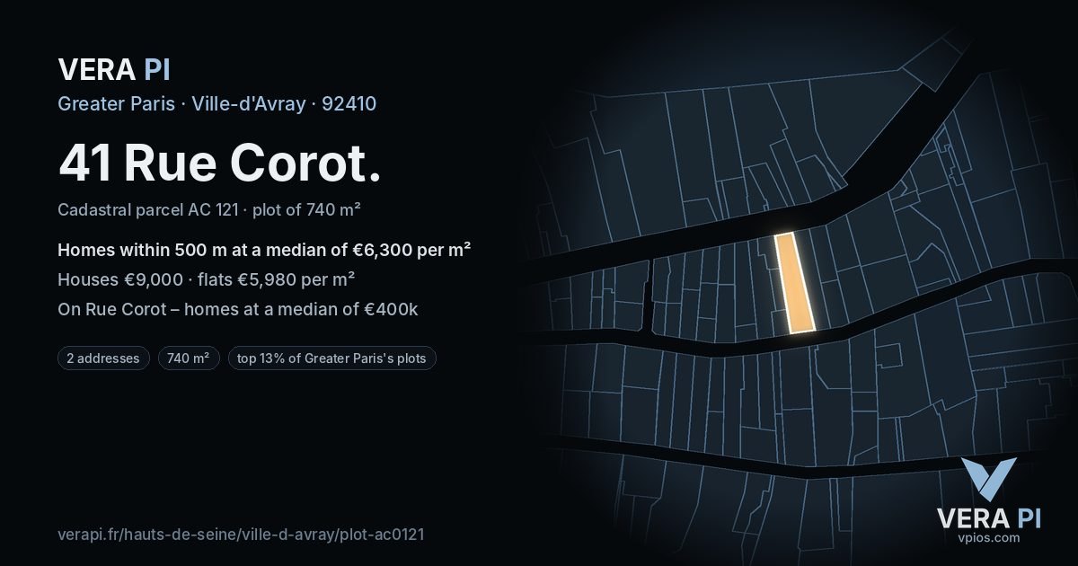 41 Rue Corot, Ville-d'Avray at night – the plot lit, the parcels around coloured by the prices near them