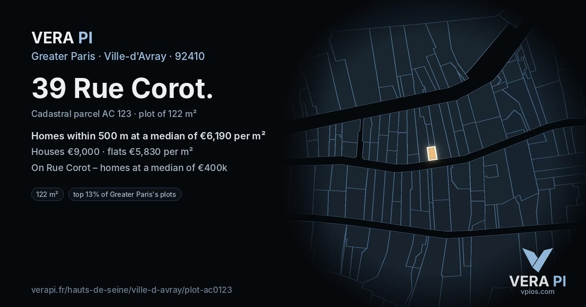 39 Rue Corot, Ville-d'Avray at night – the plot lit, the parcels around coloured by the prices near them