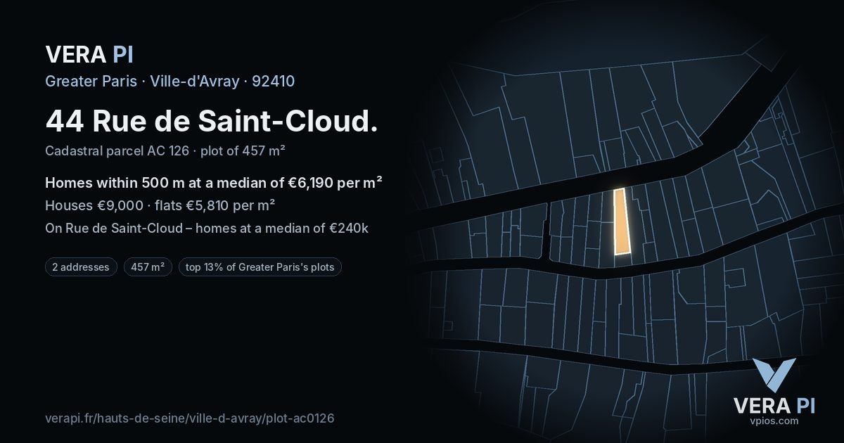 44 Rue de Saint-Cloud, Ville-d'Avray at night – the plot lit, the parcels around coloured by the prices near them