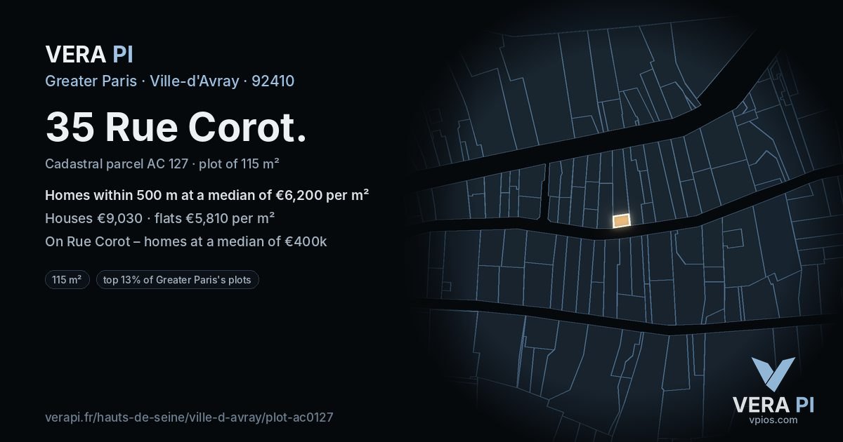 35 Rue Corot, Ville-d'Avray at night – the plot lit, the parcels around coloured by the prices near them