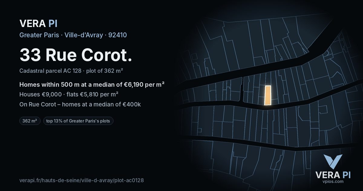 33 Rue Corot, Ville-d'Avray at night – the plot lit, the parcels around coloured by the prices near them