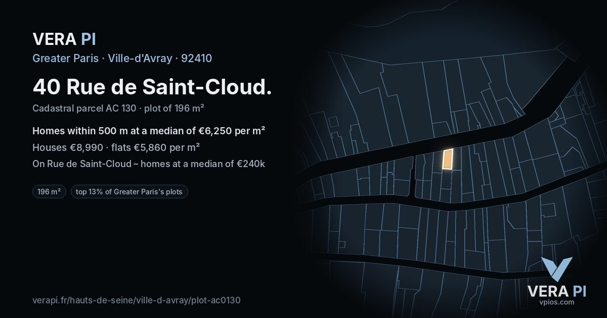 40 Rue de Saint-Cloud, Ville-d'Avray at night – the plot lit, the parcels around coloured by the prices near them
