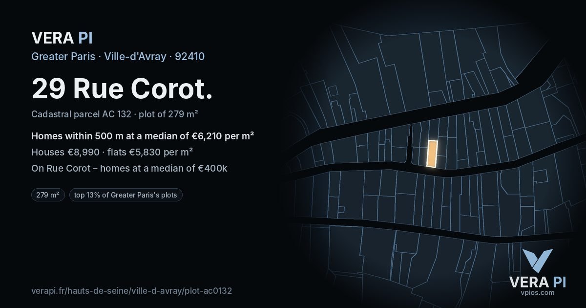 29 Rue Corot, Ville-d'Avray at night – the plot lit, the parcels around coloured by the prices near them