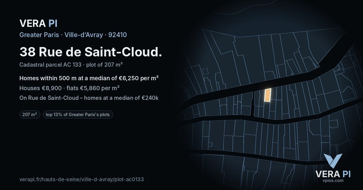 38 Rue de Saint-Cloud, Ville-d'Avray at night – the plot lit, the parcels around coloured by the prices near them