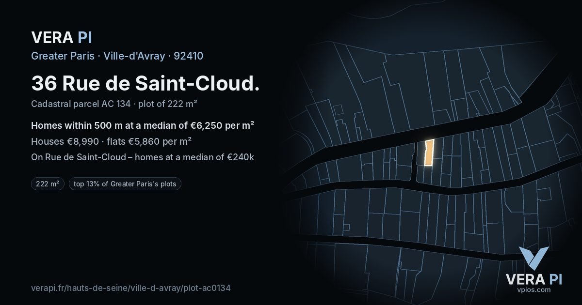 36 Rue de Saint-Cloud, Ville-d'Avray at night – the plot lit, the parcels around coloured by the prices near them
