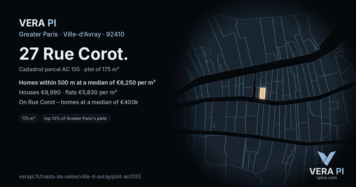 27 Rue Corot, Ville-d'Avray at night – the plot lit, the parcels around coloured by the prices near them