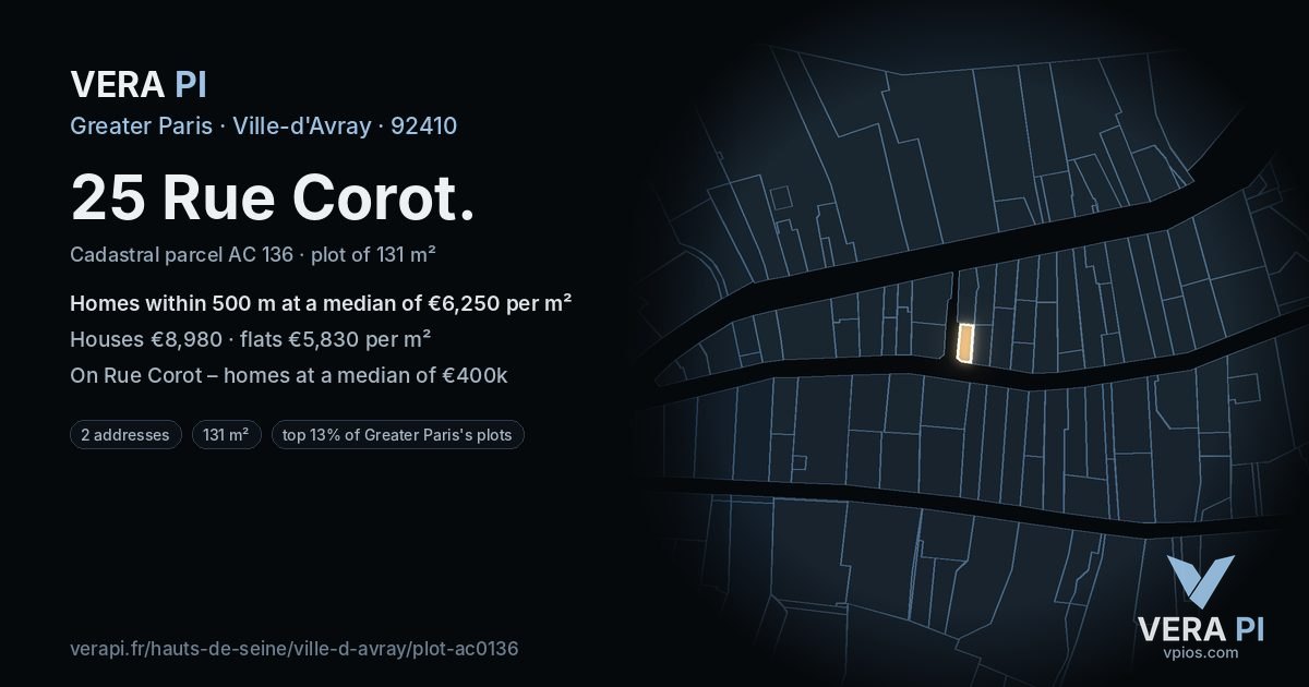 25 Rue Corot, Ville-d'Avray at night – the plot lit, the parcels around coloured by the prices near them