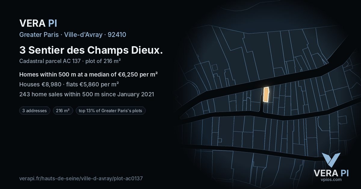 3 Sentier des Champs Dieux, Ville-d'Avray at night – the plot lit, the parcels around coloured by the prices near them