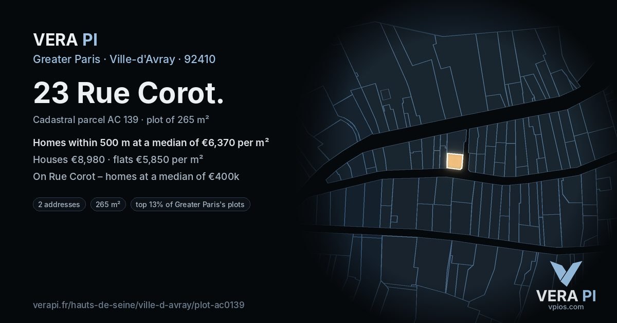 23 Rue Corot, Ville-d'Avray at night – the plot lit, the parcels around coloured by the prices near them