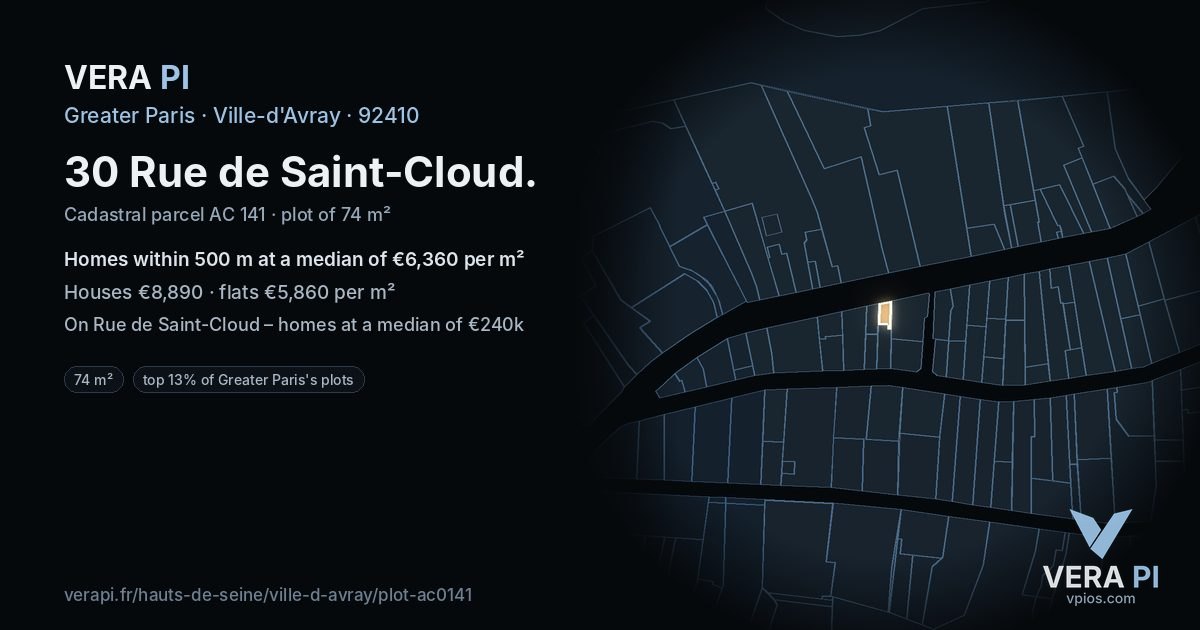 30 Rue de Saint-Cloud, Ville-d'Avray at night – the plot lit, the parcels around coloured by the prices near them