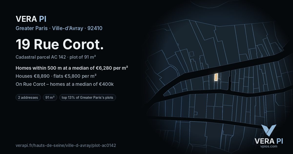 19 Rue Corot, Ville-d'Avray at night – the plot lit, the parcels around coloured by the prices near them
