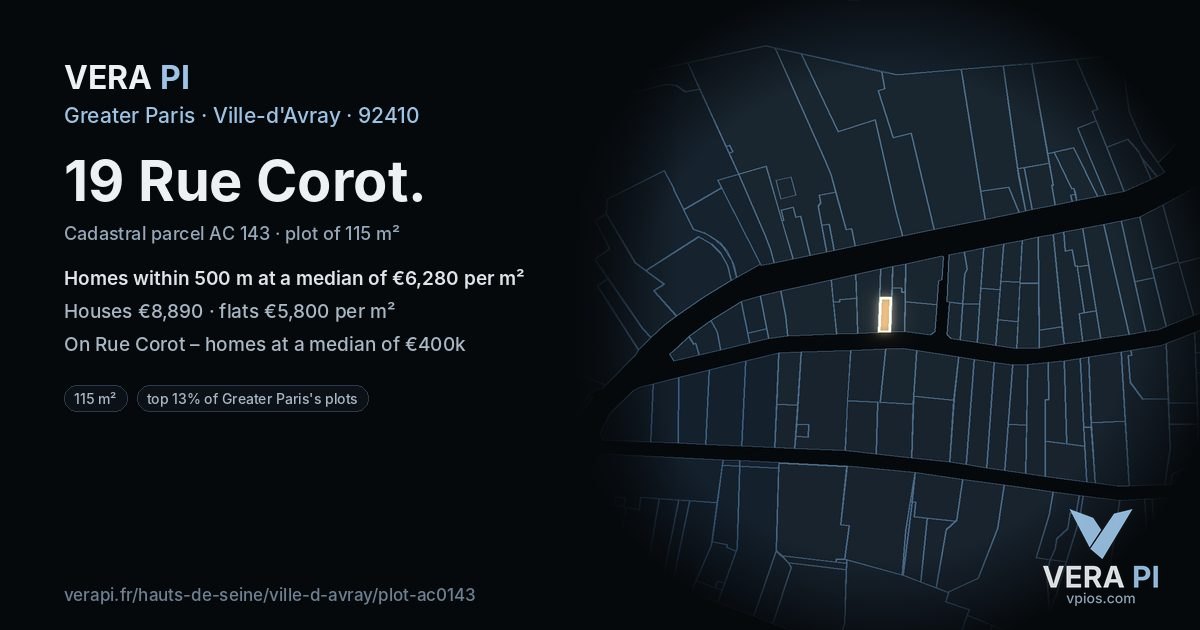 19 Rue Corot, Ville-d'Avray at night – the plot lit, the parcels around coloured by the prices near them