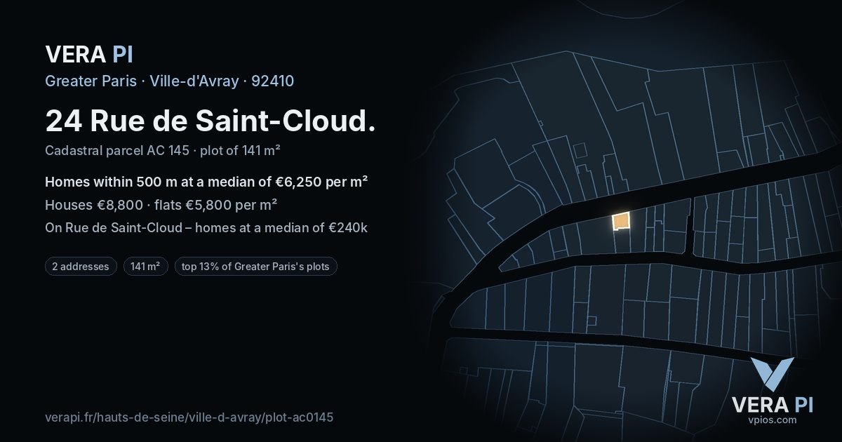 24 Rue de Saint-Cloud, Ville-d'Avray at night – the plot lit, the parcels around coloured by the prices near them