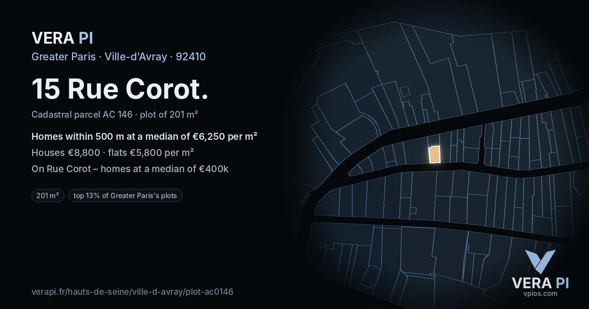 15 Rue Corot, Ville-d'Avray at night – the plot lit, the parcels around coloured by the prices near them