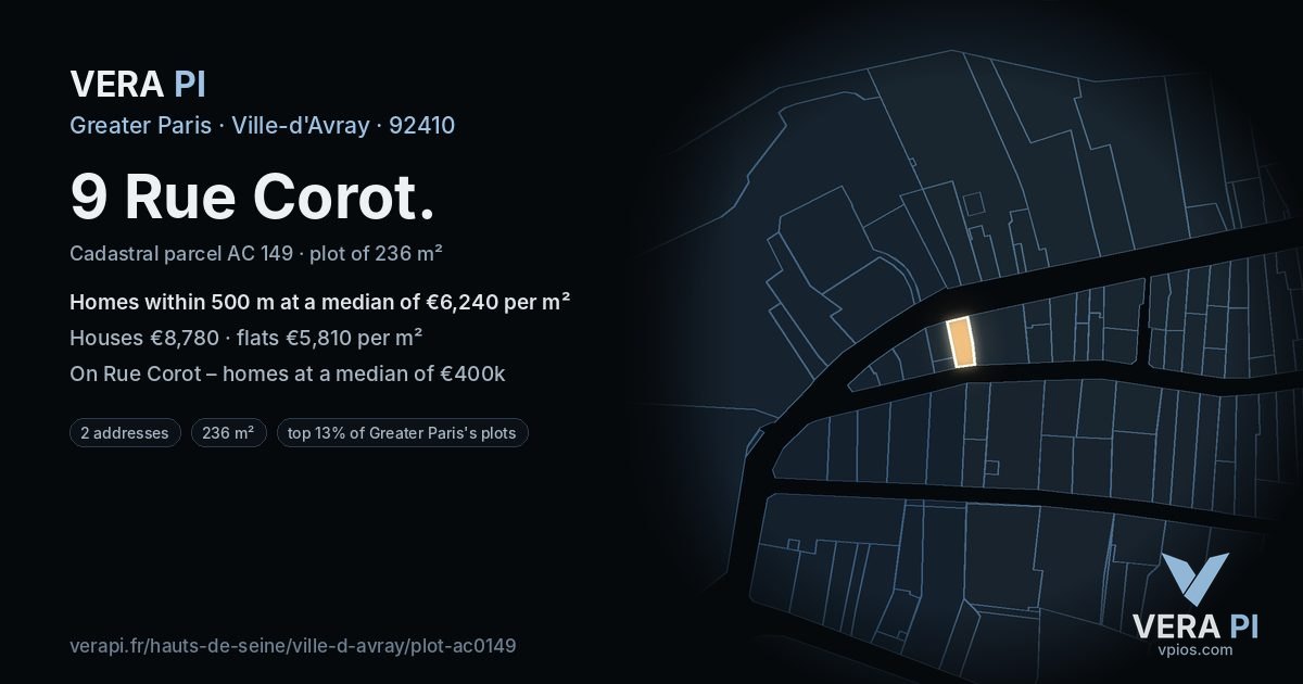 9 Rue Corot, Ville-d'Avray at night – the plot lit, the parcels around coloured by the prices near them