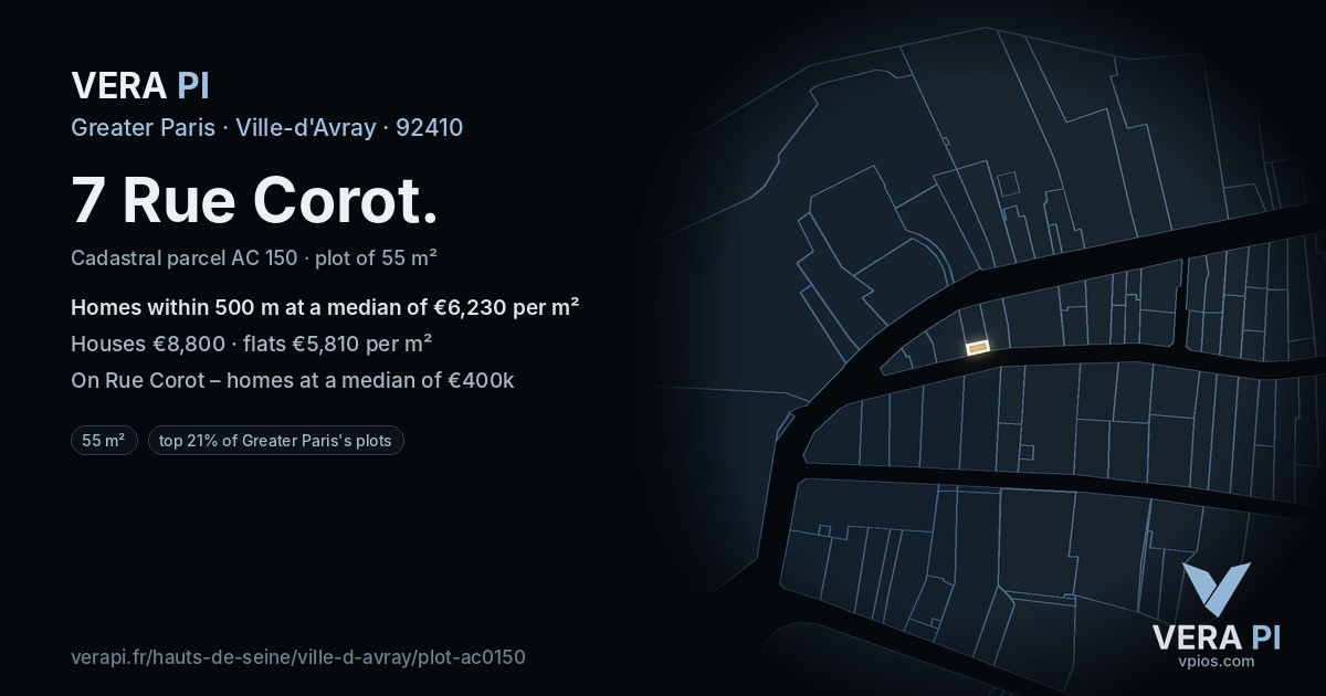 7 Rue Corot, Ville-d'Avray at night – the plot lit, the parcels around coloured by the prices near them