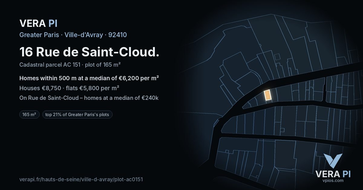 16 Rue de Saint-Cloud, Ville-d'Avray at night – the plot lit, the parcels around coloured by the prices near them