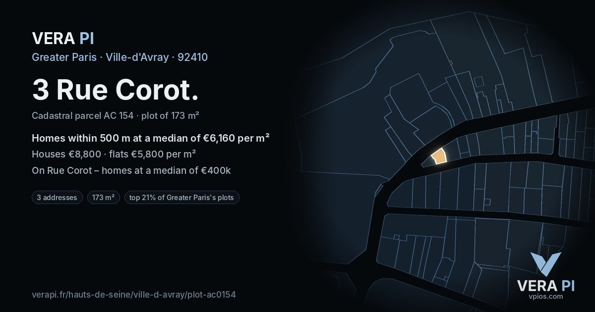 3 Rue Corot, Ville-d'Avray at night – the plot lit, the parcels around coloured by the prices near them