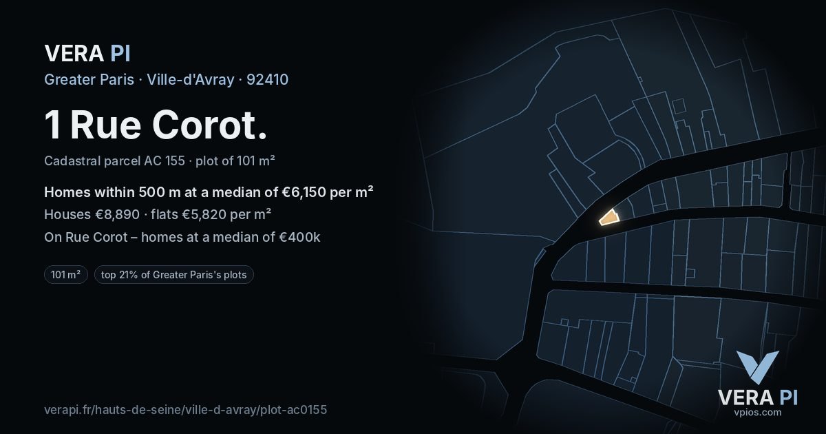 1 Rue Corot, Ville-d'Avray at night – the plot lit, the parcels around coloured by the prices near them