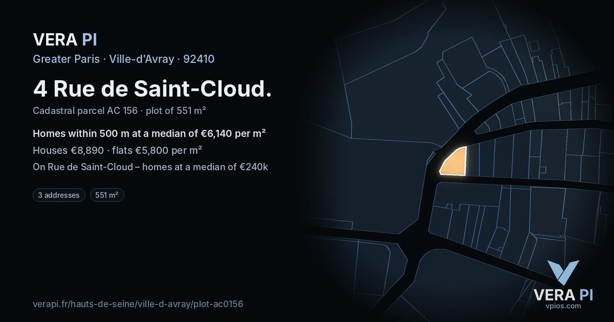 4 Rue de Saint-Cloud, Ville-d'Avray at night – the plot lit, the parcels around coloured by the prices near them