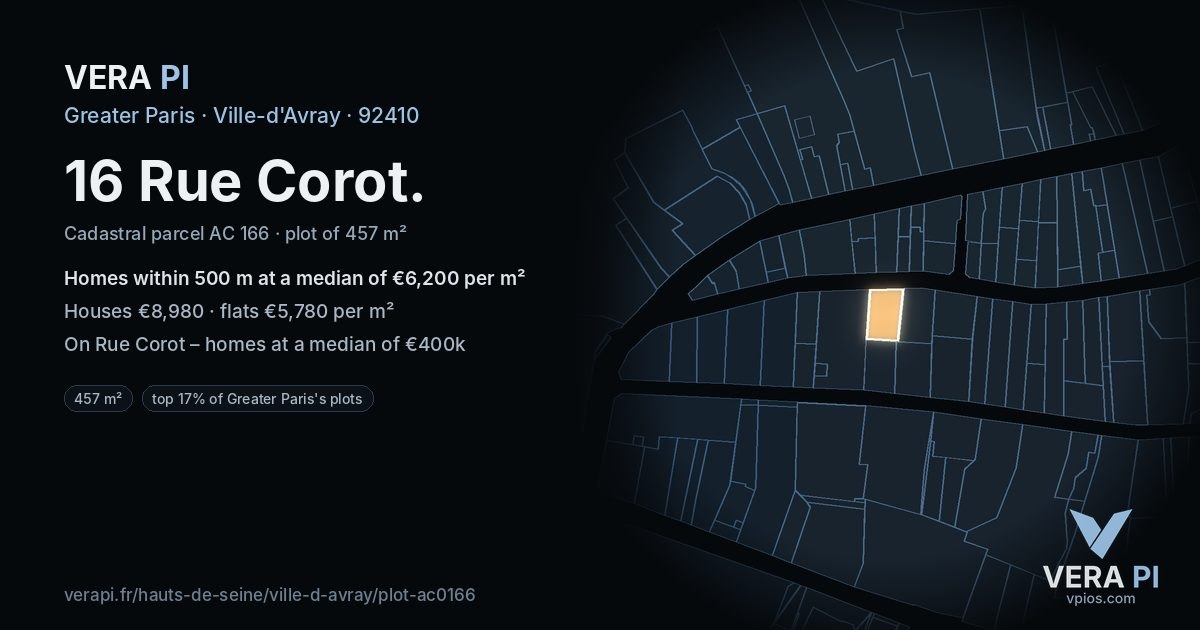 16 Rue Corot, Ville-d'Avray at night – the plot lit, the parcels around coloured by the prices near them