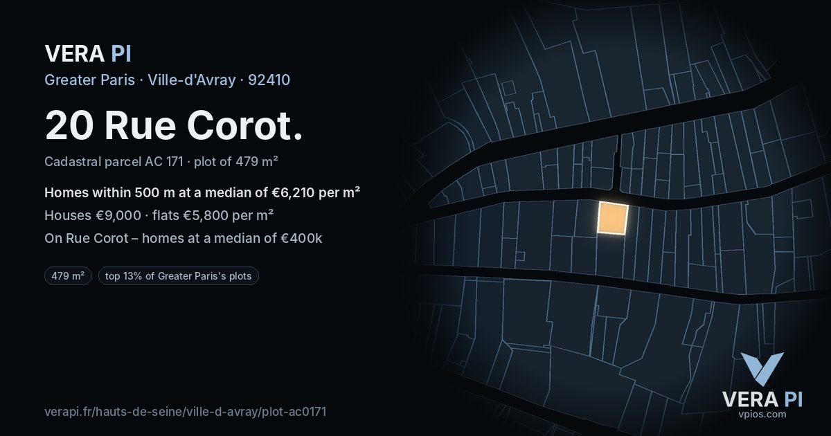 20 Rue Corot, Ville-d'Avray at night – the plot lit, the parcels around coloured by the prices near them