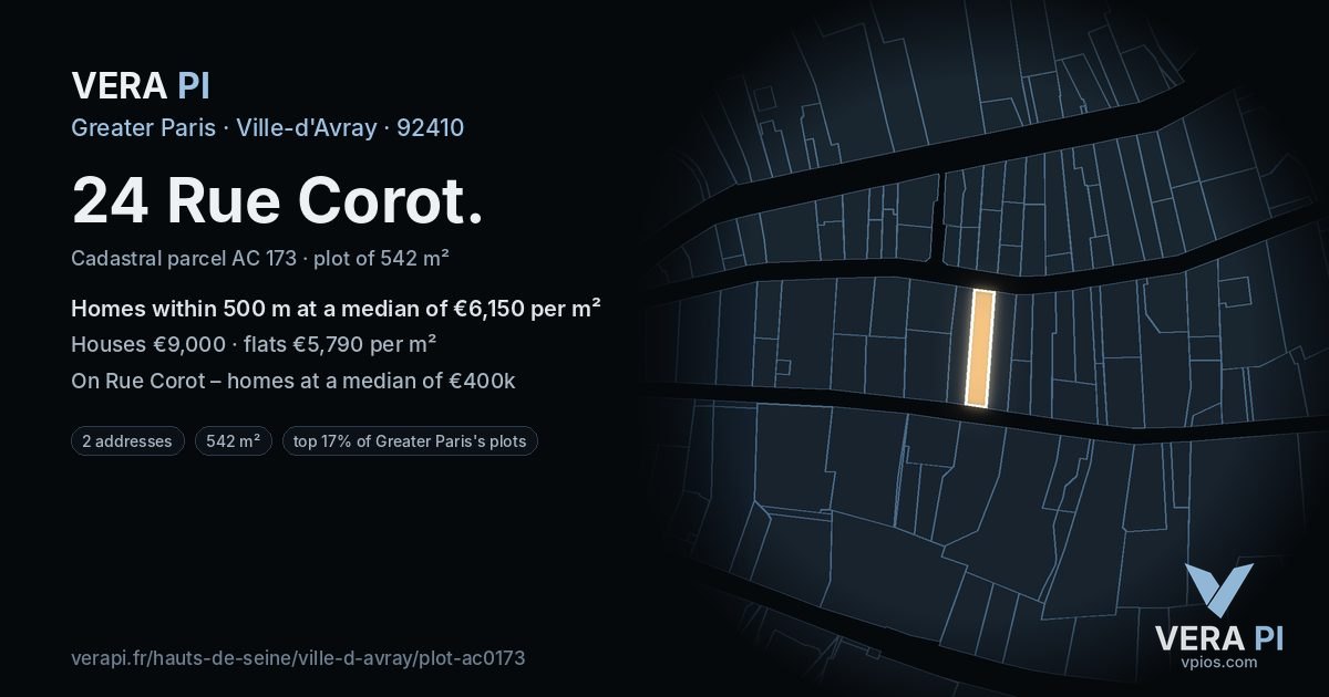 24 Rue Corot, Ville-d'Avray at night – the plot lit, the parcels around coloured by the prices near them