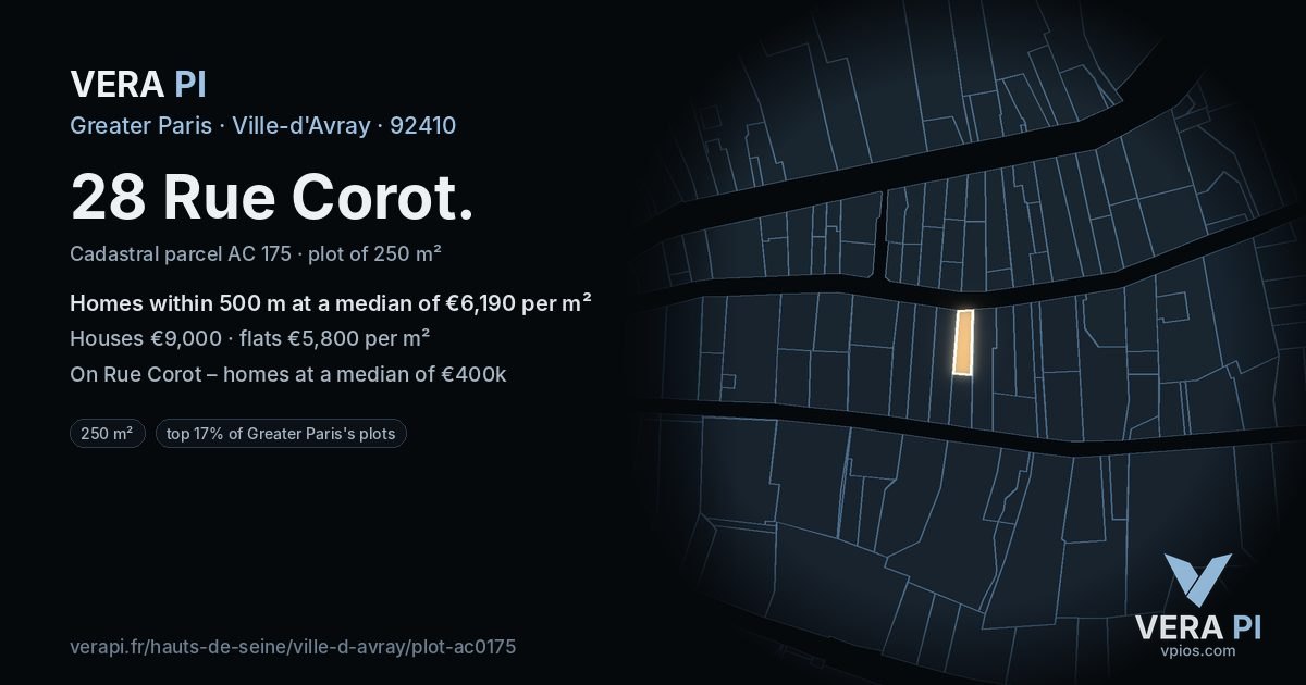 28 Rue Corot, Ville-d'Avray at night – the plot lit, the parcels around coloured by the prices near them